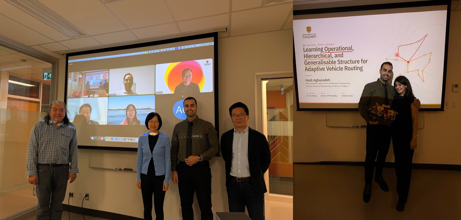 Two photos from my PhD defence. On the left, I stand with three members of my examining committee while others join by video call on the screen behind us. On the right, I hold a bouquet of flowers beside a guest, in front of my thesis title slide.
