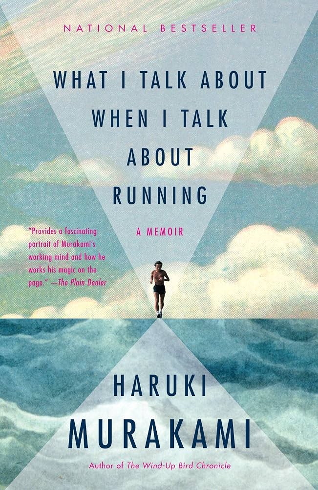 Cover of What I Talk About When I Talk About Running: a lone runner on a horizon line between pale sea and cloudy sky, the title in dark blue capitals above